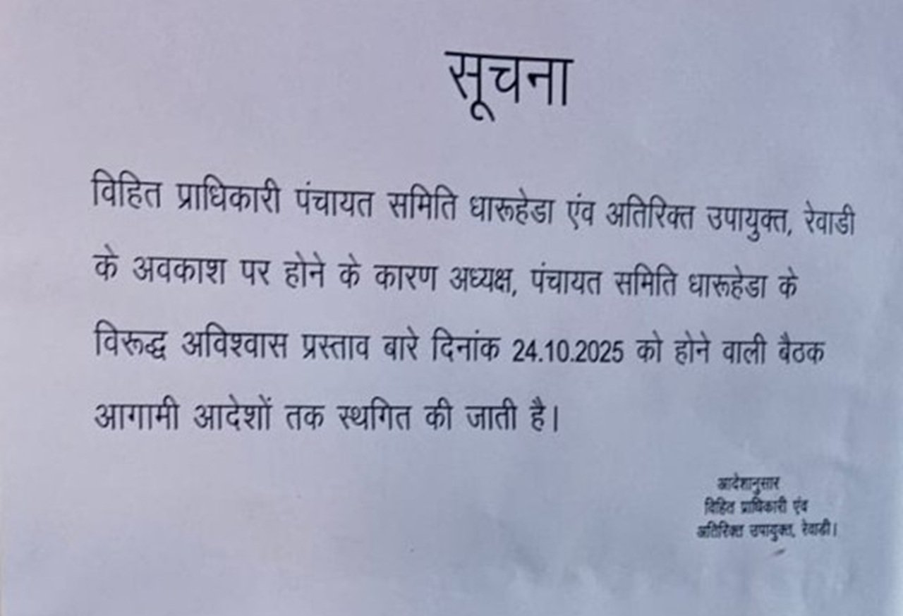 Rewari News: The meeting regarding the no-confidence motion against the Dharuhera Block Committee Chairman was suddenly postponed.