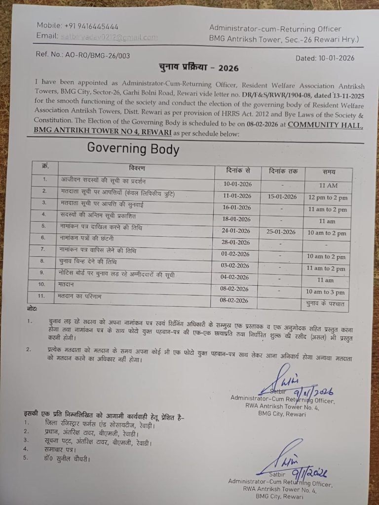  बीएमजी आरडब्ल्यूए चुनाव प्रक्रिया घोषित, इन दिन होगा मतदान