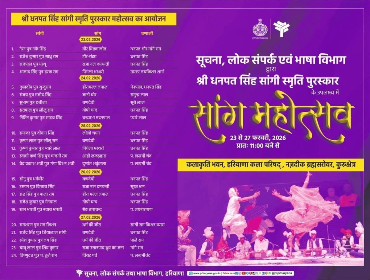 23 से 27 फरवरी तक कुरुक्षेत्र में होगा ‘सांग महोत्सव’