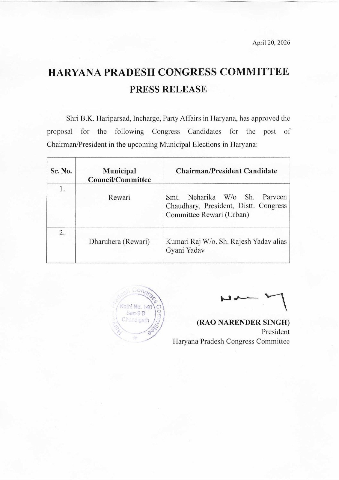 कांग्रेस ने चेयरमैन उम्मीदवार का किया ऐलान, भाजपा में दो नामों पर अटका 