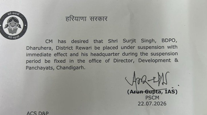 Breaking News: धारूहेड़ा के BDPO सुरजीत सिंह निलंबित 2 Dharuhera BDPO Surjit Singh suspended