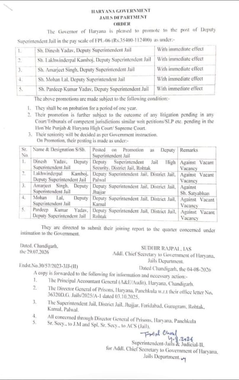 जेल विभाग द्वारा जारी आदेश पर पदोन्नति प्राप्त करने के बाद मोहन लाल ने जिला जेल करनाल में विधिवत रूप से पदभार संभाल लिया है।